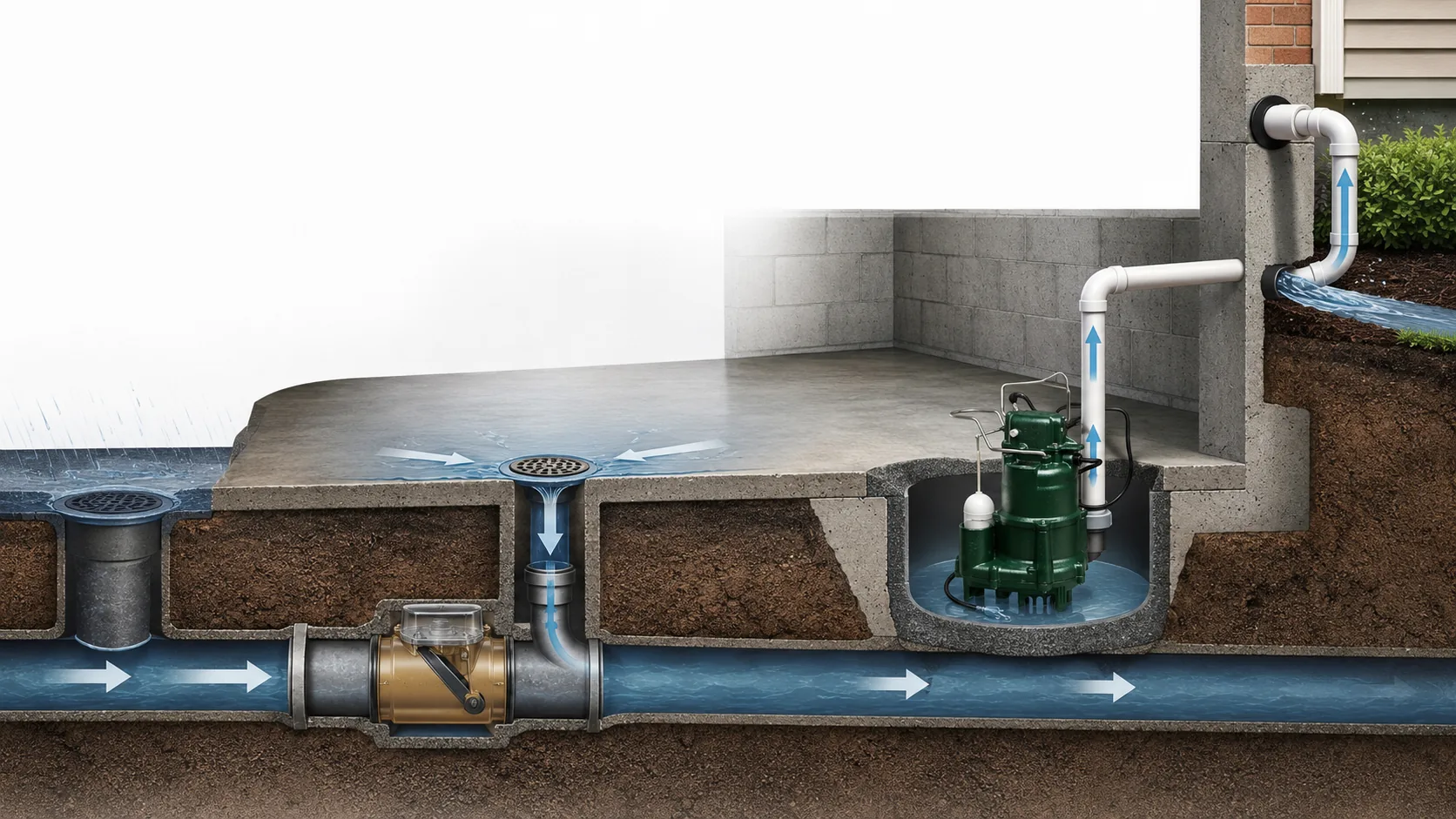 Basement floor drain and large sewer line below the slab with sump pump discharging outside