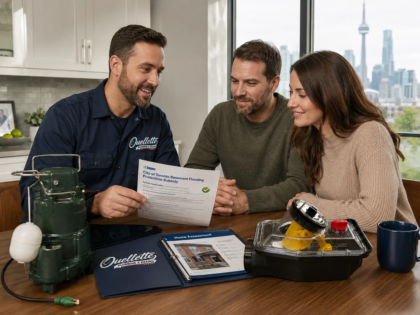Licensed plumber reviewing City of Toronto subsidy paperwork with homeowners at a kitchen table