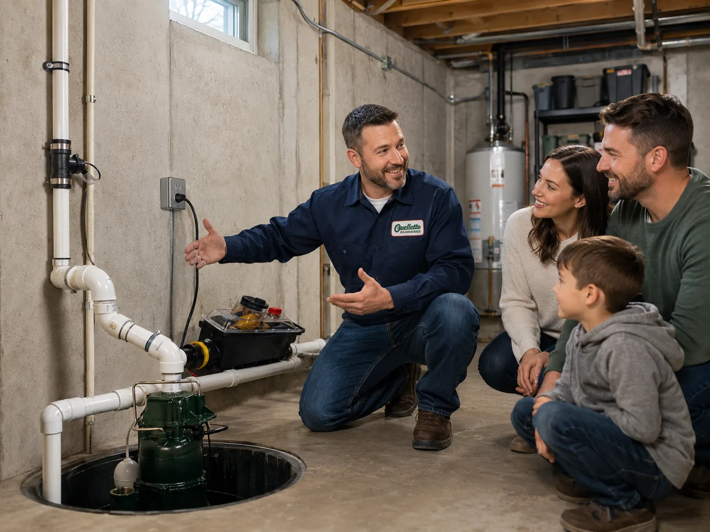 Plumber explaining sump pump system to a family