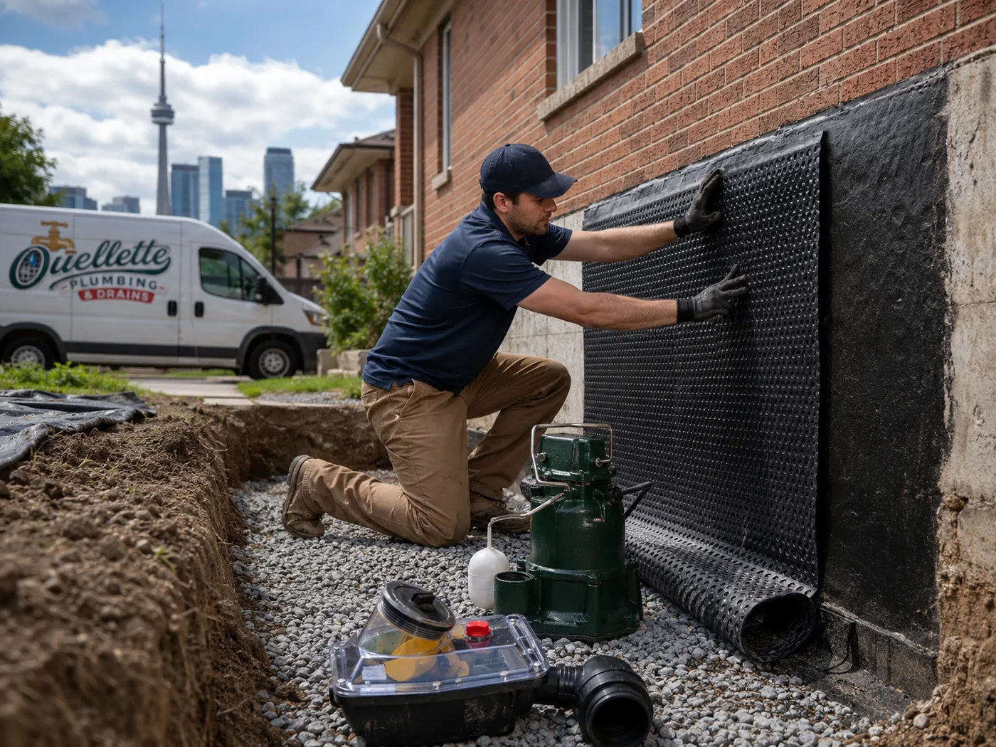 Foundation drainage work along a Toronto home