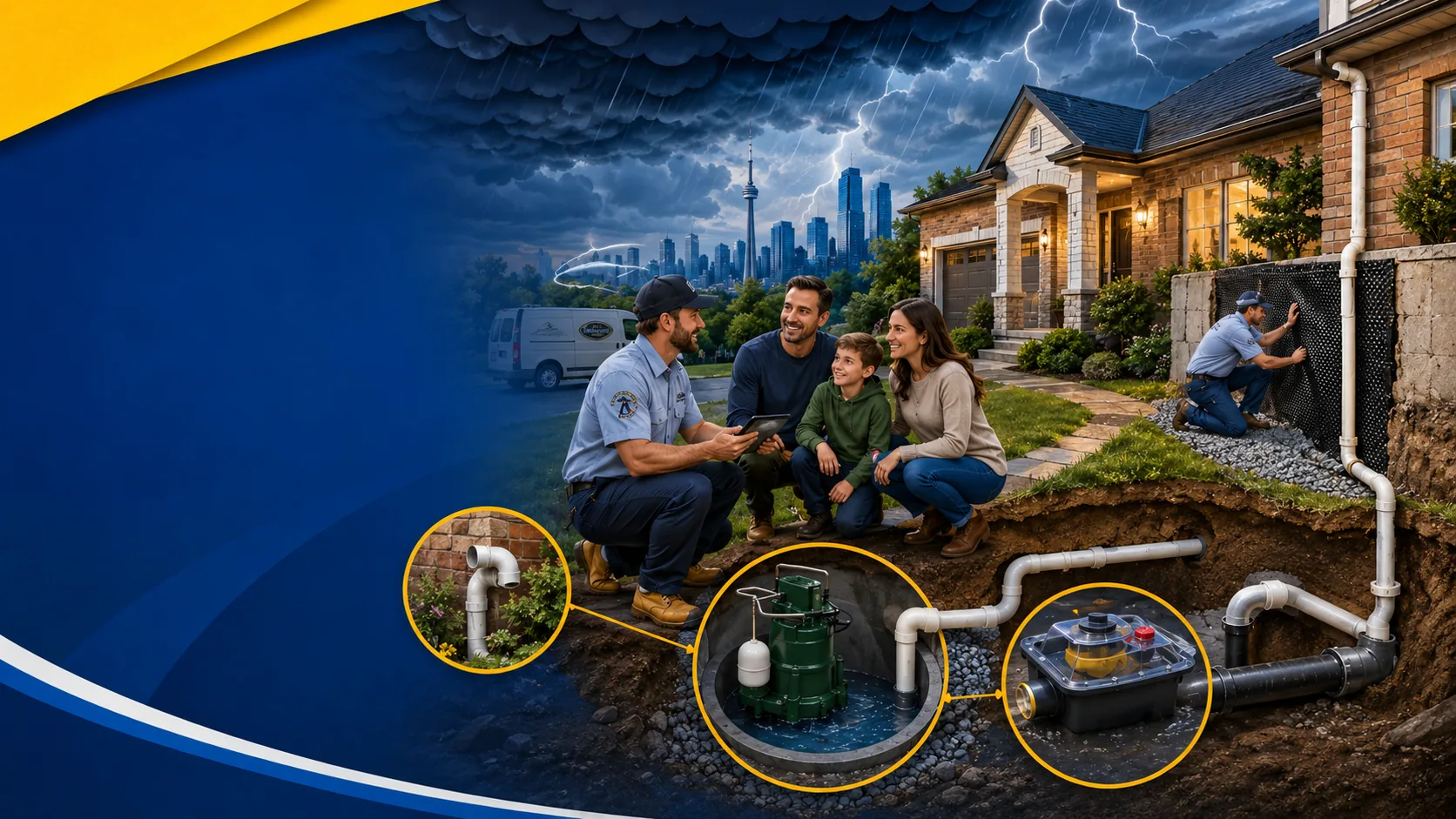 Toronto family and licensed plumber reviewing storm protection with sump pump and backwater valve system
