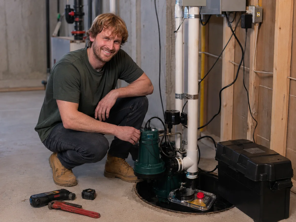 Plumber beside installed sump pump and backwater valve equipment